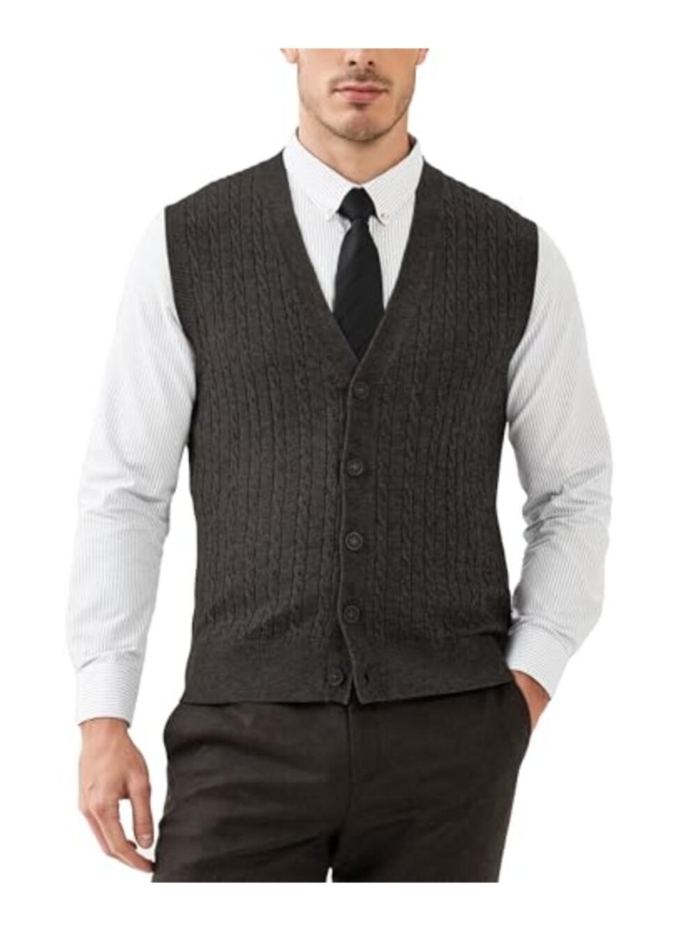 Men's Wool Blend Cable Knit Cardigan Vest Button Front V-Neck Sweater
